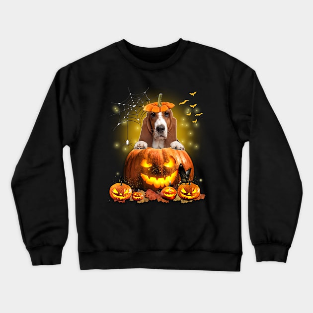 Basset Hound Spooky Halloween Pumpkin Dog Head Crewneck Sweatshirt by Los Draws